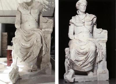 Sagalassos, Een speciaal restauratie- en conservatieteam onder leiding van Erik Risser (Conservation lnstitue, Getty Museum) stelt de beelden terug samen uit vaak honderden fragmenten. Hier de kolossale, 4,5 ton zware Apollo Klarios uit de aan Hadrianus gewijde pronkfontein in het Burdur Museum.