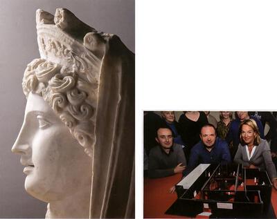 Kop van een kolossaal staand beeld van de godin Demeter, marmer. Hoewel samen met andere delen ervan aangetroffen in het bassin van de pronkfontein voor Hadrianus, stond het beeld vermoedelijk in de binnenfaçade van het podium van het Odeion opgesteld. Guy Joosten  schaalmodel in het  Gallo-Romeins Museum. Sagalassos,