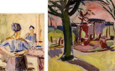Ferdinand Schirren, Vrouw voor de spiegel, 1915, aquarel op papier, Landschap aan een boomstam, (1910-1917), olieverf op doek,