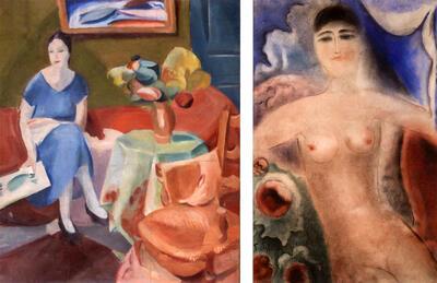 Ferdinand Schirren, De vrouw in het blauw, 1921, olieverf op doek. Vrouwelijk naakt (rond 1928), aquarel op papier,