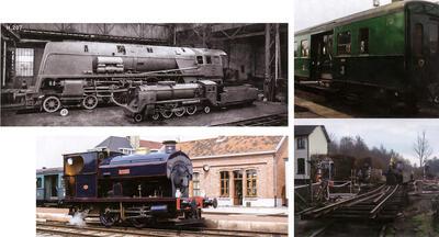 Stoomcentrum Maldegem, lilliputlocomotief en type I NMBS tijdens de bouw in Tubize, rijtuig MI, stoomlocomotief Fred, herstellingswerken langs de spoorlijn