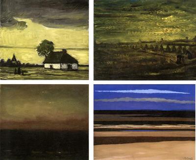 Jakob Smits, Kempens landschap, olieverf op triplex, Albert Servaes, De oogst, olieverf op doek, Constant Permeke, De Noordzee, olieverf gemaroefleerd op triplex, Leon Spilliaert, Marine, olieverf op doek, grenoble