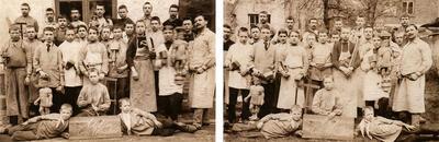 Het meubelatelier van Emile Wouters in de Huidevettersstraat, de huidige Rik Woutersstraat, midden jaren 1890. Vader Emile Wouters staat uiterst rechts. Naast hem Rik Wouters met een steunbeeld en hamer in de hand.