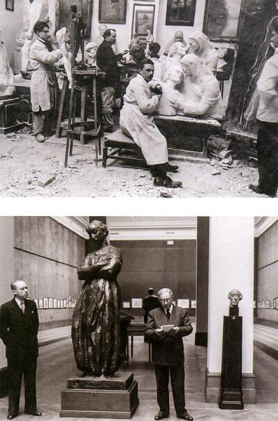 Het atelier van Theo Blickx ca. 1919. Blickx staat in het midden achteraan. Schuin boven hem hangt het houtskoolportret dat Rik Wouters in 1901 van zijn ‘meester’ maakte. A.J.J Delen in het Stedelijk Prentenkabinet Antwerpen naast het beeld ‘Huiselijke zorgen’ van Rik Wouters,