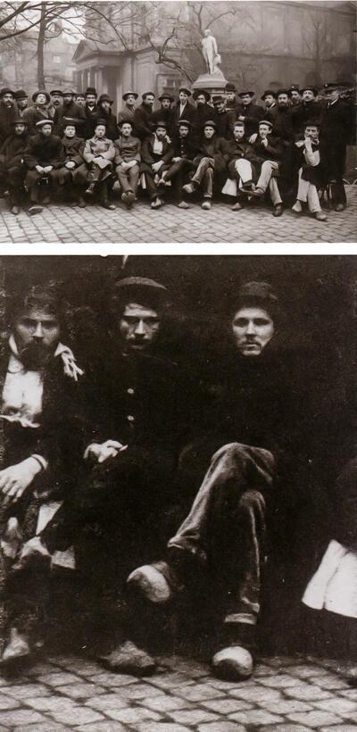 Kandidaten van de Prix de Rome beeldhouwkunst 1909 op het binnenplein van de Academie van Antwerpen. Dat jaar deden vier beeldhouwers uit Mechelen mee, naast Oscar Jespers, Léon Thumilaire en Georges Vantongerloo. Rik Wouters bracht het er net als tijdens zijn eerste deelname in 1903 slecht van af. Het juryverslag spreekt boekdelen: Rik Wouters eindigde 26ste op 30 deelnemers, achter Charles Bonaugure, Ferdinand Wijnants, Jules Bernaerts, Frans Claessens