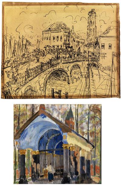 Rik Wouters, Cavalcade op de Hoogbrug in Mechelen – Opsinjoorke, 1911, Oost-indische inkt,  Kapel van Onze-Lieve-Vrouw van Welriekende, 1913, aquarel op papier, 