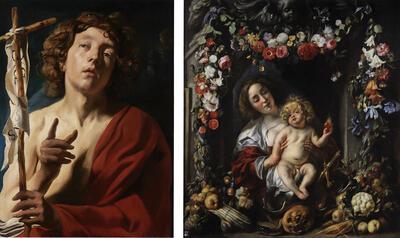 Jacob Jordaens, Johannes de Doper, olieverf op doek, Maria en het Kind in een krans van bloemen, vruchten en groenten,