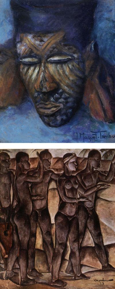 Jeanne Maquet-Tambu, Luba-masker, z.d., pastel, Auguste Mambour, Begrafenisstoet, 1923, olieverf op doek, koloniale kunst,