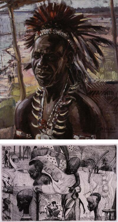 André Hallet Portret van een Wagenia-chef. z.d., olieverf op doek, Claude Lyr, Bladzijde uit een album, 1958, ets, koloniale kunst,