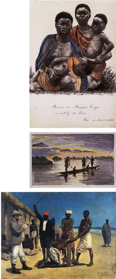 Charles Callewaert. Benzani Congo-vrouwen, een Vivi-chef, 1883, aquarel, Georges Gilson, Congo, z.d., aquarel op postkaart. Edouard Manduau, De beschaving in Congo, 1884, olieverf op doek, koloniale kunst,