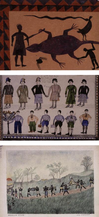 Djilatendo (Tshielatendu), symbolische tekening, z.d. (ca. 1930), inkt en waterverf op gekleurd papier,Paul Mampinda, Europese vrouwen en kinderen, z.d. (ca. 1933), potlood en waterverf op papier, Guillaume Demesmaeker, Nieuwe dagreis. Naar Niangara, z.d., gemengde techniek, koloniale kunst,