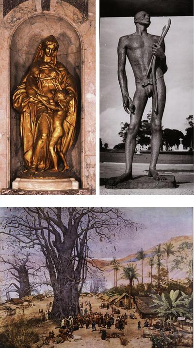 Arsène Matton, België brengt welzijn naar Congo, z.d., verguld koper, ldel Lanchelevici, De jager, Stanleymonument, Leopoldstad, Alfred Bastien en Paul Mathieu, « Inheems dorp », 1913, scène uit Panorama du Congo, chromotypografie, koloniale kunst,