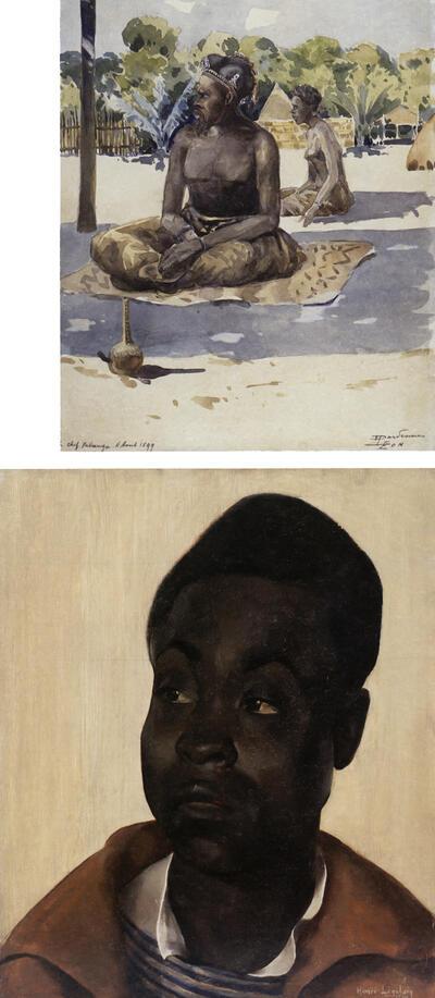 Léon Dardenne, Chef Kibanga, I 899, aquarel, Henri Logelain, Portret van François Kamanda (Kabinda), I936, olieverf op paneel, koloniale kunst,