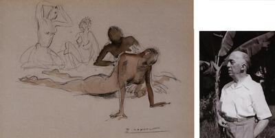 Paul Daxhelet, Scarificatie, z.d., 26 x 36 cm, houtskool en aquarel, Floris Jespers in Congo, koloniale kunst,