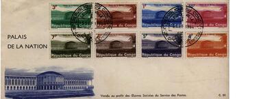 Het Palais de la Nation, afgebeeld op postzegels van het onafhankelijke Congo, koloniale kunst