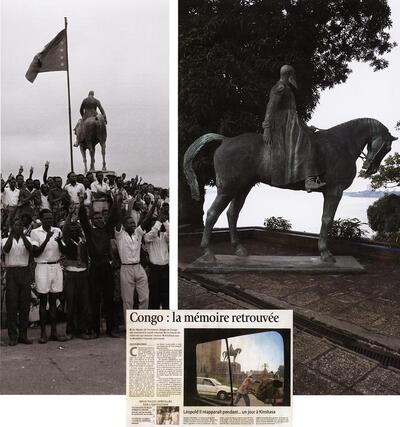 Betoging van Congolezen die hun rug keren naar het standbeeld van Leopold 11 in Leopoldstad (Kinshasa),Voorpagina van Le Soir, 4 februari 2005, Het monument van Leopold 11 (beeldhouwer Thomas Vinçotte, gieterij Compagnie des Bronzes), koloniale kunst,