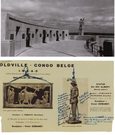  Monument voor Stanley in Leopoldstad, foto 1959, met de beelden van Idel Lanchelevici (gieterij Charles De Coene),Richtlijnen van Victor Demanet voor het optakelen van een bas-relief en het beeld van Albert I, koloniale kunst,