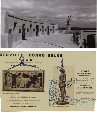 Monument voor Stanley in Leopoldstad, foto 1959, met de beelden van Idel Lanchelevici (gieterij Charles De Coene),Richtlijnen van Victor Demanet voor het optakelen van een bas-relief en het beeld van Albert I, koloniale kunst,