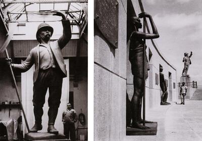 Beeldhouwer Arthur Dupagne in zijn atelier bij het model in klei van zijn monumentaal beeld van Stanley, koloniale kunst, 