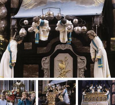 De processie op Pinkstermaandag, het reliekschrijn en het engelenmobiel in de Sint-Vincentius Collegiale te Zinnik