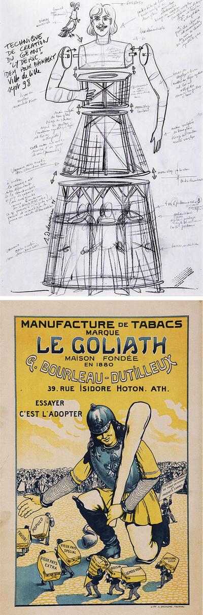  Constructieschema voor de reus Lydéric (Rijsel), tekening van Stéphane Deleurence, 1998, potlood op papier, Affiche voor het tabaksmerk Goliath (Aat), lithografie L Delvigne,