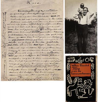 Het handschrift van 'Kaas', Willem Elsschot met kleinzoon 'Tsjip' op de schouder, Cover van 'Tsjip en de leeuwentemmer', 1934 