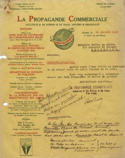 Willem Elsschot, Brief uit 1930 van La Propagande Commerciale Leclercq & De Ridder & De Haas  