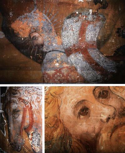 Muurschilderingen in de Mechelse Sint-Janskerk: Sint-Joris in volle wapenuitrusting, het hoofd van het paard van Sint-Joris, het hoofd van Sint-Christoffel