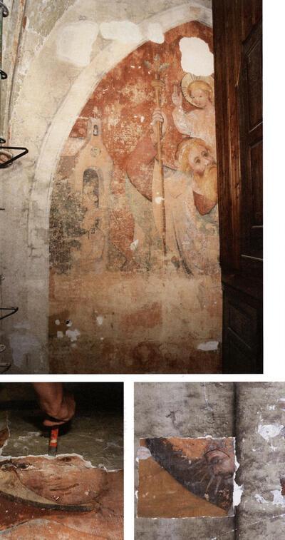 Muurschilderingen in de Mechelse Sint-Janskerk: Christoffel met Jezuskind, het hoofd van Jezus komt onder de kalklaag tevoorschijn,  proefvenster dat gemaakt werd toen het orgel er nog stond 