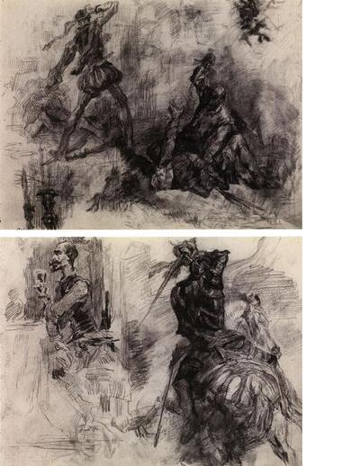 Spaanse soldaten: twee vechtende duo's (ook Don Quichotte), Potlood en zwart krijt, Een Spaanse edelman aan tafel (Aiva?) en een Spaanse ruiter in rugaanzicht over kopieën van genrefiguren, James Ensor,