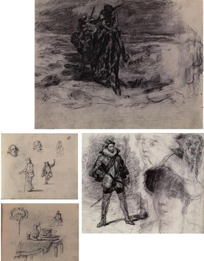 Kopie met wijzigingen naar Gustave Doré: Don Quichotte over academische studies, Figuren en hoofden, Stilleven, spiegel, zittende figuur, Kopie van een Grieks-Romeins beeld, portret van Ensors moeder en van Mitche, drie karikaturen en een Spaanse soldaat (ook Don Quichotte en 4 gezichten), Potlood en zwart krijt op papier,James Ensor,