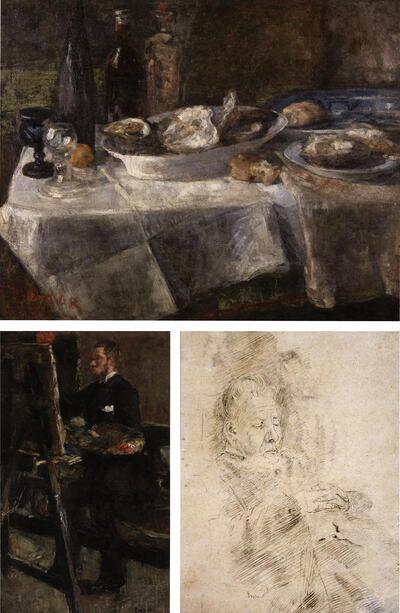 James Ensor, Oesters (ook Lichtstudie), 1882, Portret van Willy Finch aan de schildersezel, Olieverf op doek, Slapende oude vrouw ( tante Mimi), 1884-86 (?), Zwart krijt op papier,