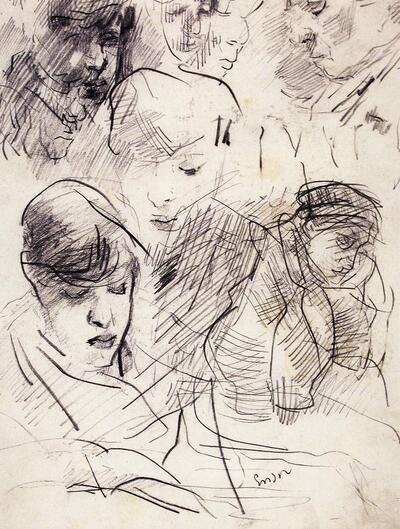 Mitche. Diverse krabbels van Mitche in verschillende aangezichten en de moeder van James Ensor, Zwart krijt