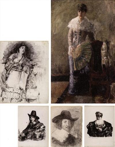 James Ensor, Kopie naar Alfred Stevens: Een gepassioneerd lied, 1880-81?, Conté op papier, De dame met de waaier (Mitche Ensor), 1880 o f '81 (?), Olieverf op doek,Kopie naar Rembrandt, Jan Asselijn, 1880-85?, Inkt op papier 225 x 170 mm, Kopie naar Rembrandt, Nicolaas van Bambeek (Koninklijke Musea voor Schone Kunsten van België, Brussel), 1880-85?, Conté op papier, 225 x 170 mm, Kopie naar Rembrandt, Oude man met baard, 1880-85 ?, Inkt op papier,