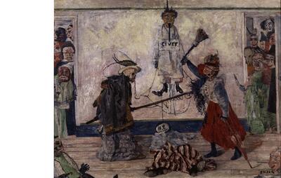 James Ensor, Skeletten twisten om een gehangene, 1891, Olieverf op doek op paneel,