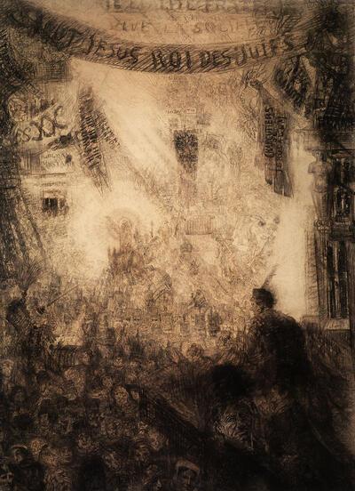James Ensor, De aureolen van Christus of de gevoeligheden van het licht Het levendige en stralende. De intrede in Jeruzalem, 1885, Zwart en bruin krijt op papier op doek