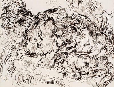 James Ensor, Kopie naar Eugène Delacroix "Gevecht tussen een leeuw en een tijger",  Oost-Indische inkt op papier,
