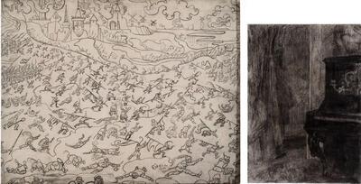 James Ensor, De losbandige soldeniers, Zwart krijt op paneel, De buffetpiano, Zwart krijt op papier