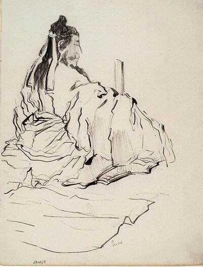 James Ensor, Kopie naar Hokusai "Manga"vol. 5 blad 3a : Amahikosachi-no-Mikoto (ook: Chinoiserie (zittende man in driekwart rugaanzicht))., Zwart krijt op papier,
