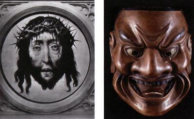 James Ensor, Albrecht Bouts, Gelaat van de lijdende Christus, Olieverf op paneel (diameter) 29 cm, Koninklijk Museum voor Schone Kunsten Antwerpen, Masker uit het Nô theater van het Shikami-type (met grimmige en gefronste gelaatsuitdrukking)