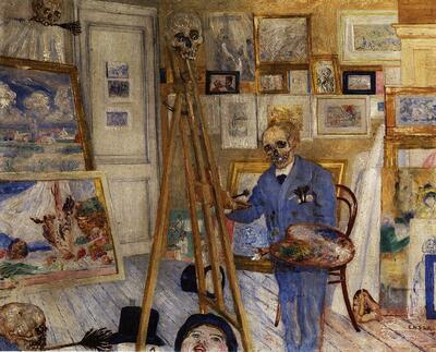 James Ensor, Het schilderend geraamte, Olieverf op paneel,