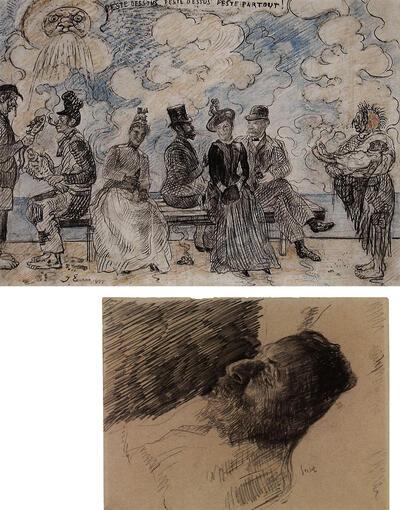 James Ensor, Pest onder, pest boven, pest overal ( Stank onder, stank boven, stank overal) 1888, Zwart en rood krijt en potlood op papier, Mijn dode vader (ontwerp voor de gelijknamige ets van 1888), 1887, Zwart krijt op papier,