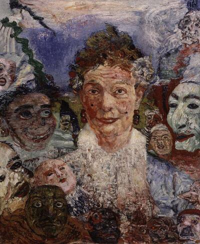 James Ensor, De oude dame met de maskers, 1889, Olieverf op doek,
