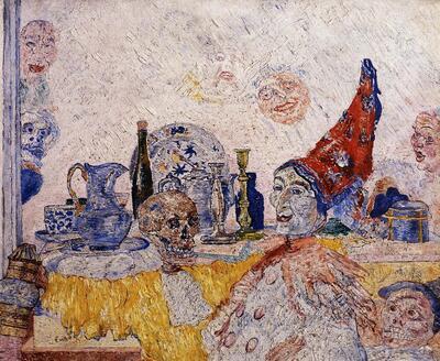 James Ensor, Pierrot en skelet in het geel, 1893, Olieverf op paneel