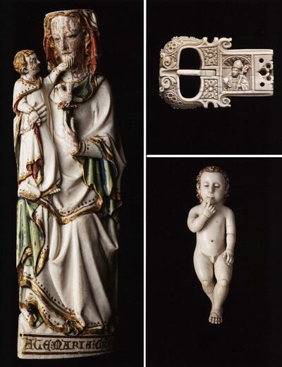 Ivoor, Onze-Lieve-Vrouw met het kindje Jezus, Parijs, ca. 1320-1340, gepolychromeerd en verguld ivoor,  Gesp met beeltenis van Augustinus,liggend Jezuskindje, China,