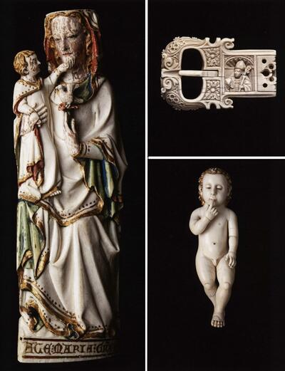 Ivoor, Onze-Lieve-Vrouw met het kindje Jezus, Parijs, ca. 1320-1340, gepolychromeerd en verguld ivoor, Gesp met beeltenis van Augustinus,liggend Jezuskindje, China,