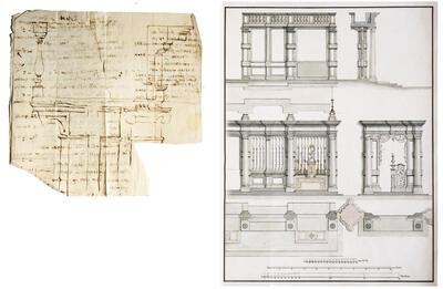 Jan van den Steen (?), Schets voor de doorsnede van de koorafsluiting, 1670-1674. Diocesaan Archief, Sint-Romboutskathedraal, J. Fr. Van Geel(?), Constructietekening van de koorafsluiting en portieken met doorsneden, opstanden en plattegrond, 