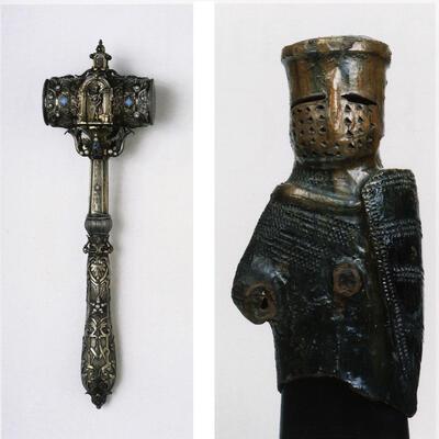 L.A. Van Lancker, Vrijmetselaarsmaker van Hippolyte Metdepenningen, 1879, Ruiterstatuette gevonden bij graafwerken op de Vrijdagmarkt, 14e eeuw STAM,