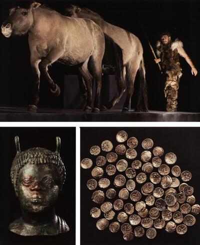 Tongeren, Het leven in de prehistorie geïllustreerd met levensechte figuren in kunsthars, Balsamarium in de vorm van een Nubisch hoofdje, Keltische muntschat,