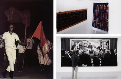 , Textielkunst, Hélio Oiticica, Miro de Mangueira with P 02 Parangolé Bandeira, John Dugger, Chile Vencera Banner, Wu Shu Kwan (Strip-Banner), Goshka Macuga, On The Nature Of The Beast,